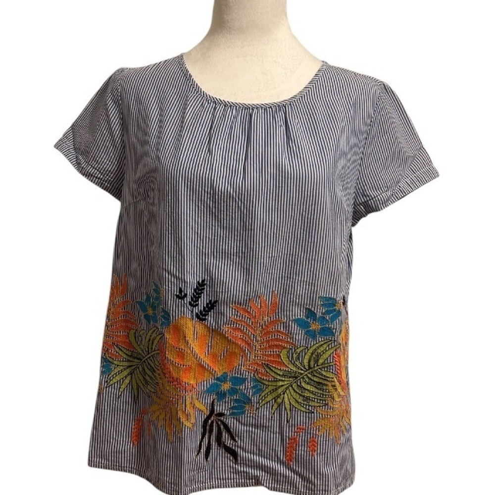 Crown & Ivy‎ Blue White Striped Tropical Floral Embroidered Cotton Top Small